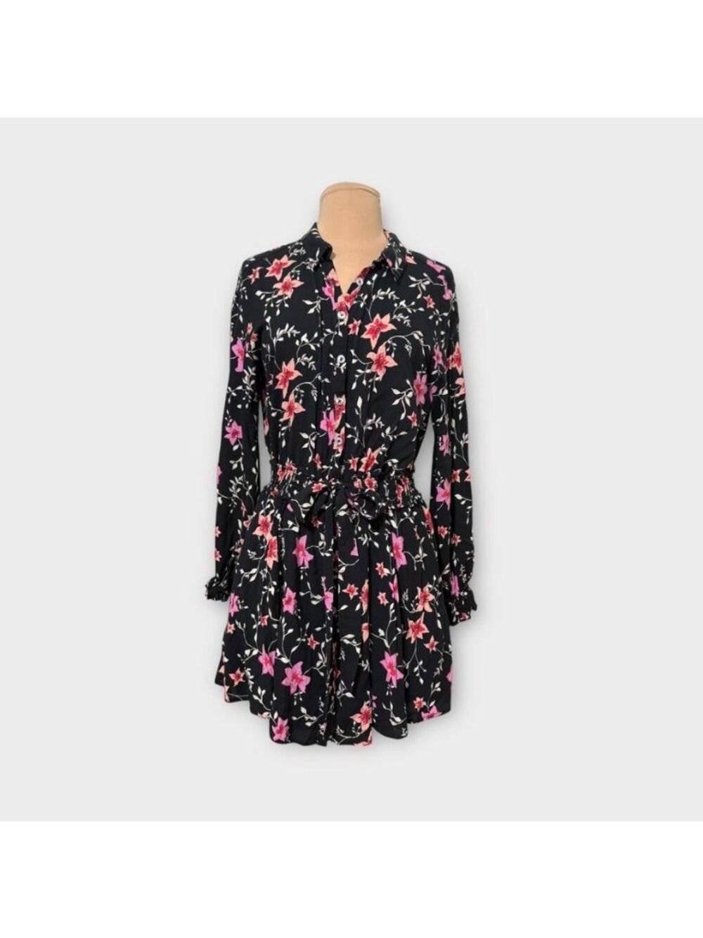 Free People Lighten Up Mini Small Floral Black Pink Shirt Dress Flounce Boho